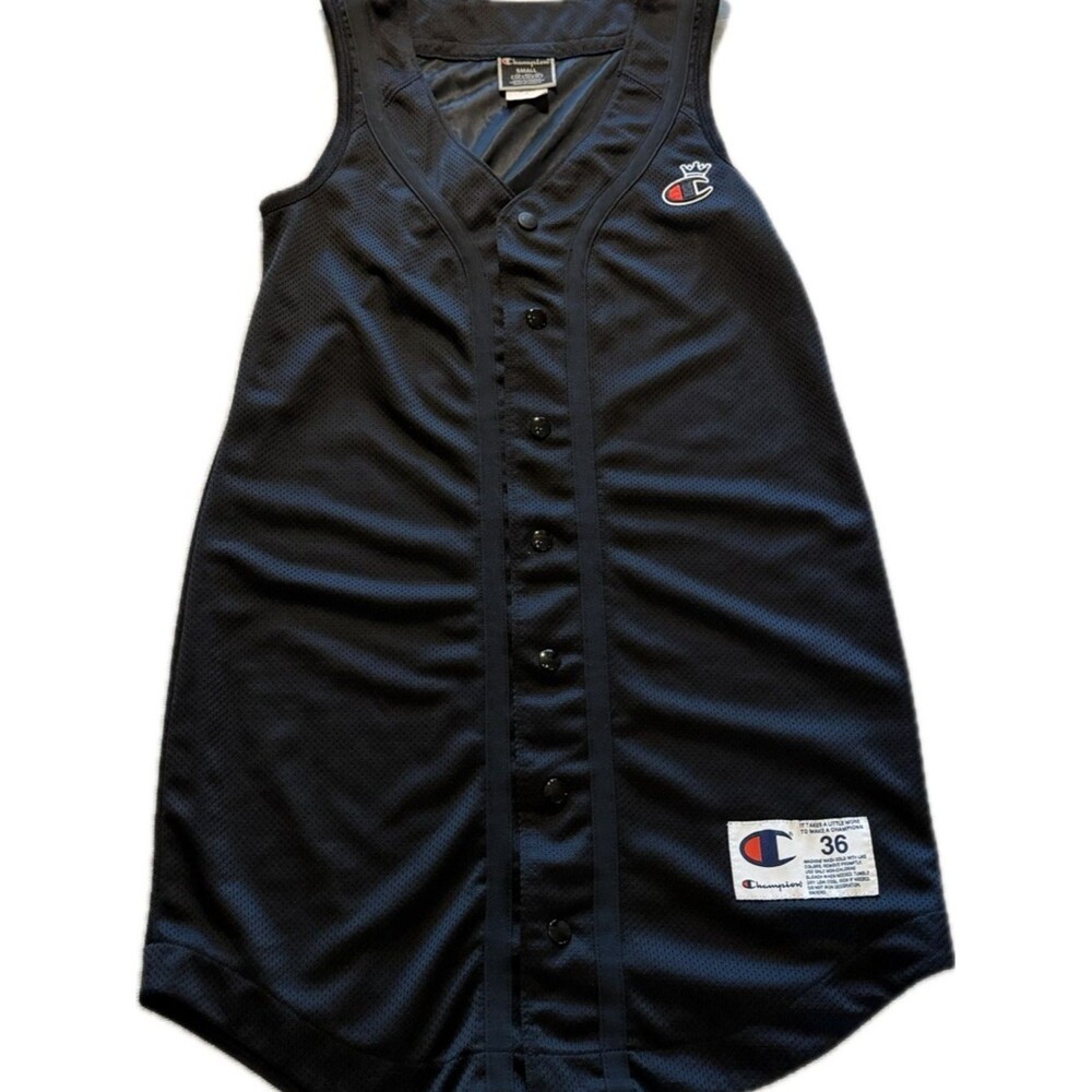 Champion Jersey Dress Black Mesh Button Front #19 Athleisure S